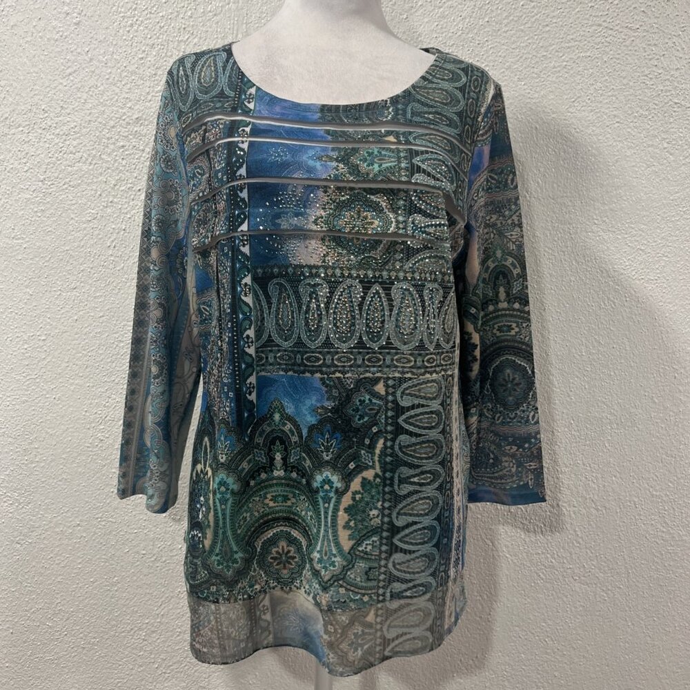 Chico's Paisley Age Toni Tiered Blue Embellished Top Shirt Sz 1‎  NWOT